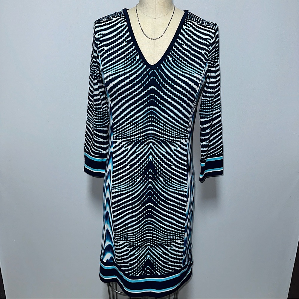 Women's Michael Kors 3/4 Sleeve, V-Neck Navy & Aqua Patterned Dress, Size XS